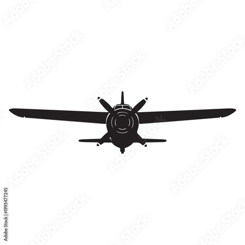 Silhouette of propeller airplane isolated on white background 