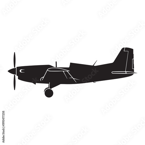 Silhouette of propeller airplane isolated on white background 