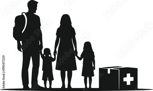 Family with donations medical box humanitarian aid concept refugee crisis assistance.