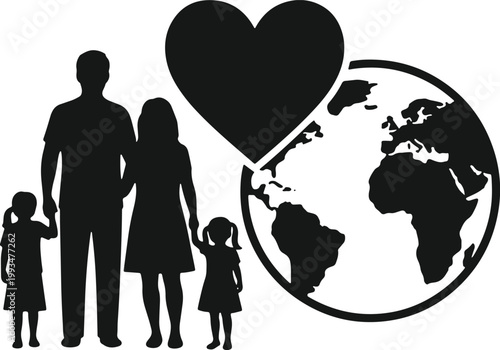 Family love around world united by heart symbol united humanity concept happy life.