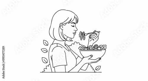 Woman enjoys a forkful of fresh salad from a bowl, surrounded by leaves