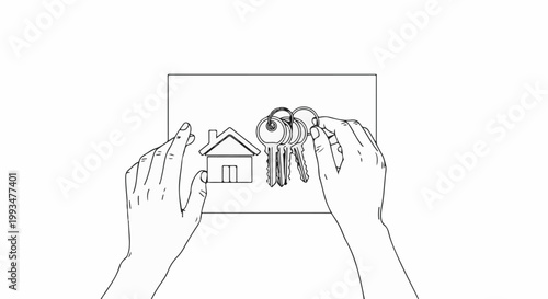 Two hands hold a paper with a house and keys, symbolizing home ownership or real estate