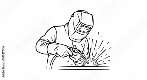 A blacksmith in protective gear welds metal, creating a shower of sparks