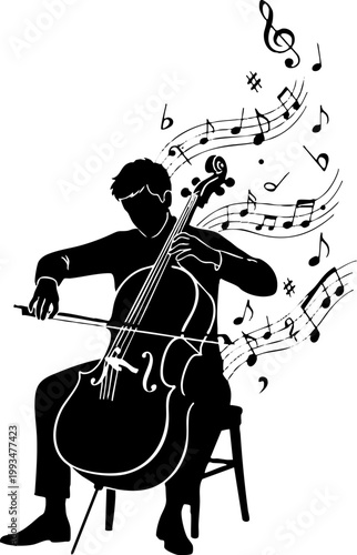 Cello player silhouette with floating musical notes illustration