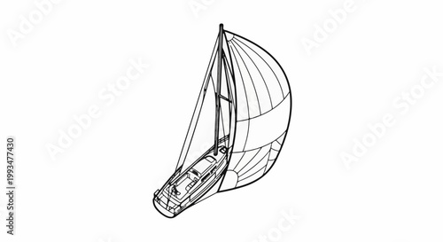 A black and white line drawing of a sailboat with sails billowing