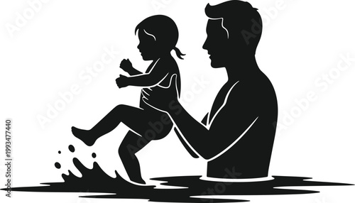 Father and baby playing in water splashing with joy family bonding on transparent background.