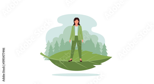Eco-Friendly Woman Standing on a Leaf in Nature
