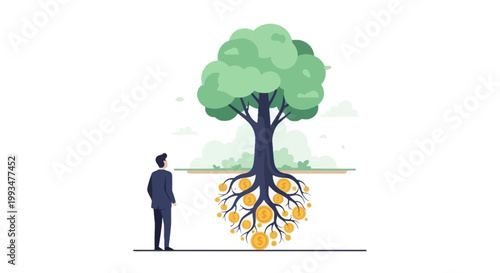 Businessman Reflecting on Tree with Visible Roots and Growth