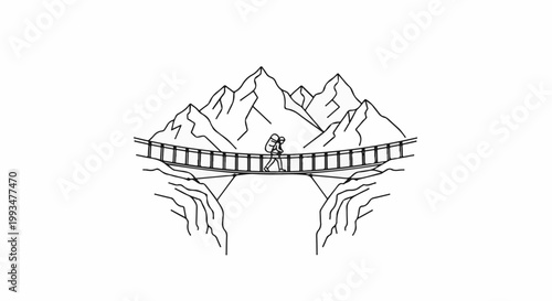 A lone figure crosses a suspension bridge over a deep chasm between mountains