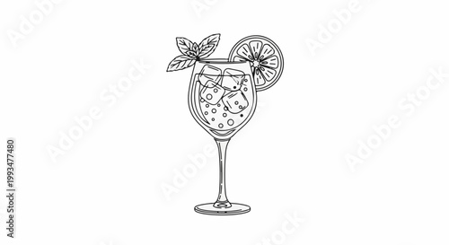 A refreshing drink with ice, a citrus slice, and mint