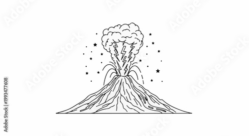 Stylized volcano erupting with lightning and stars against a white background