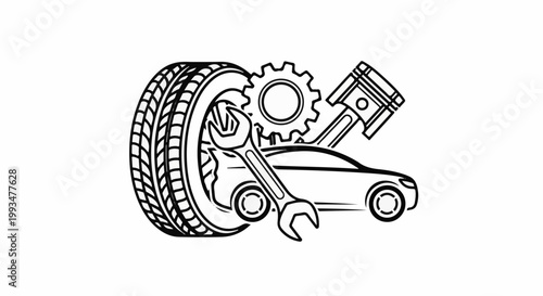 Automotive repair symbols tire, car, wrench, piston, gear
