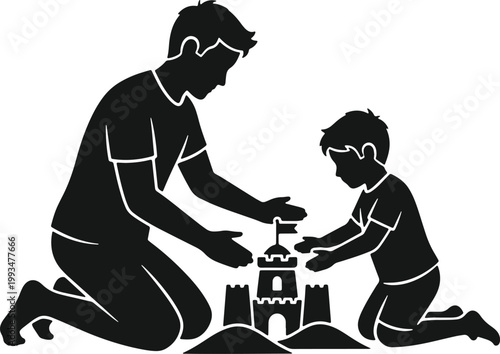 Father and son building sandcastle on beach together fatherhood playtime creative bonding fun day.