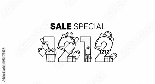 Black and white outline of "SALE SPECIAL" above "1212" with shopping bags and gifts
