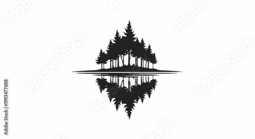 Black pine forest silhouette reflected in still water, symmetrical