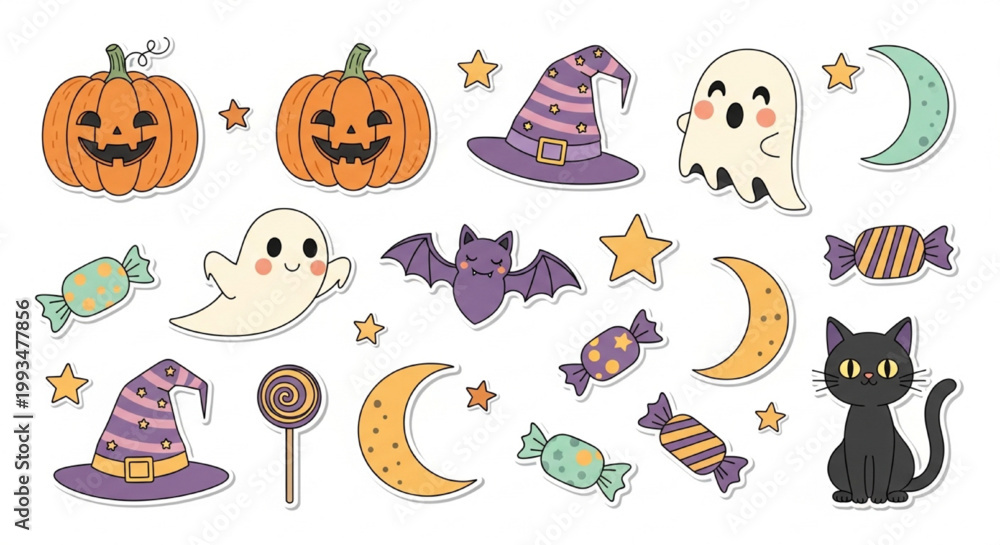 Obraz premium Cute Halloween Vector Clipart Pack with Pumpkins, Ghosts, Bats, Witch Hats, Candy, Moons, Stars, and Cute Black Cat in Pastel Orange Purple Kawaii Flat Sticker Style Illustration Isolated on White Bac