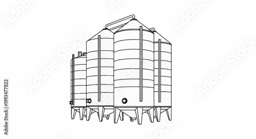 Industrial silos with conical roofs and supportive legs, connected by pipes