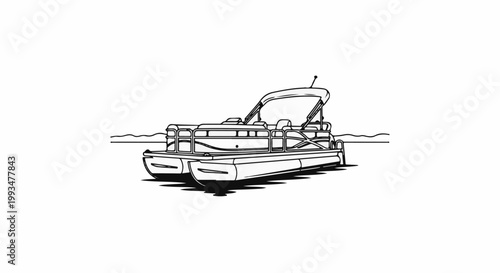 Line art of a pontoon boat with a canopy and railing on water