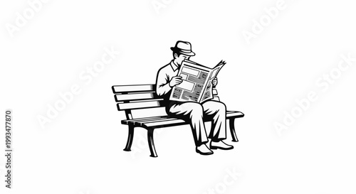 Man in hat reading newspaper sitting on park bench