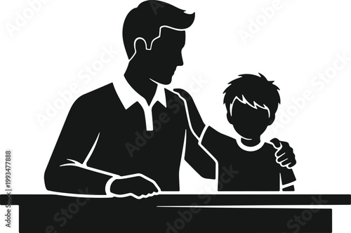 Father and son silhouette bonding at table parental guidance and support child development family relationship.