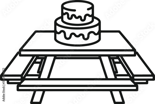 Two tier birthday cake on picnic table line art dessert celebration sweet treat outdoor dining food delicious.