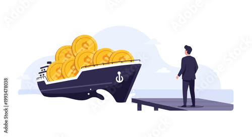 Businessman Looking at Large Ship Filled with Gold Coins