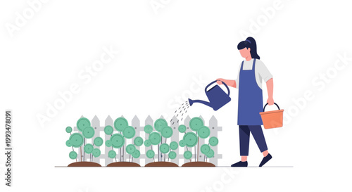Woman Watering Garden Plants with Watering Can