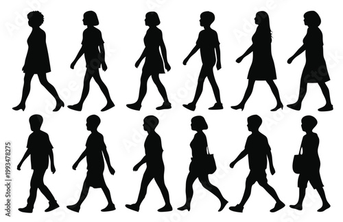 Collection of male silhouettes in different standing walking poses isolated on white background, human body reference set. Black people silhouettes set, diverse human figures, vector illustration.