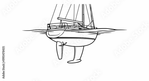 Black and white line drawing of a sailboat hull submerged in water