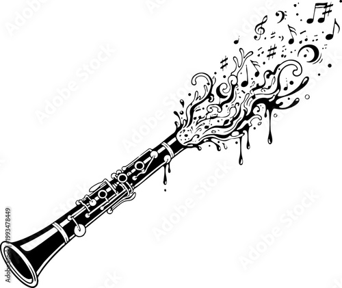 Artistic black and white clarinet illustration with musical notes