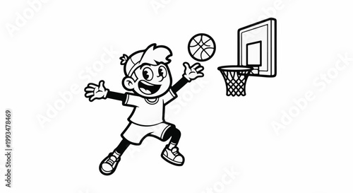 Cartoon child excitedly playing basketball, jumping with ball near hoop