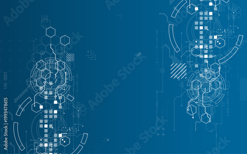 Technological background with various white elements in a drawing style on a blue background.