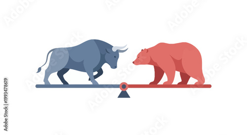 Illustration of a Blue Bull and Pink Bear Facing Off on a Balance Scale