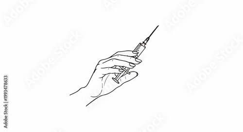 Delicate hand holds a medical syringe with a needle pointing upward