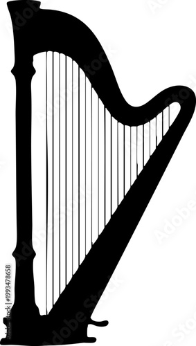 Black silhouette of a classical harp isolated on white background