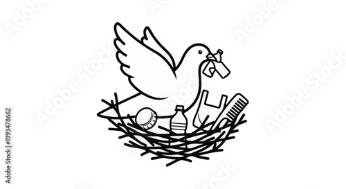 Dove in nest with bottle cap, bottle, comb, and trash in beak