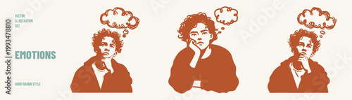 Thinking person with thought bubble emotional state concept. Illustrations for psychology topics and social media content. Hand drawn sketch, pencil style with expressive minimal lines.
