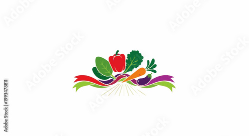 A vibrant arrangement of fresh vegetables and colorful ribbons, with rays of light