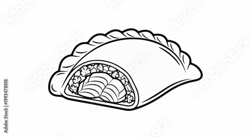 Simple black and white outline drawing of a savory pastry with filling