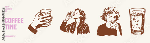 People drinking coffee and holding cups casual scenes. Illustrations for lifestyle content and cafe posters. Hand drawn sketch, pencil style with expressive figures.