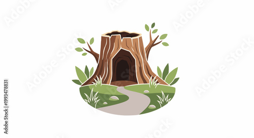 A whimsical hollow tree stump with a path leading to its dark opening