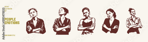 Confident women crossed arms strong attitude portraits. Illustrations for empowerment themes and branding visuals. Hand drawn pencil style with bold clean outlines.