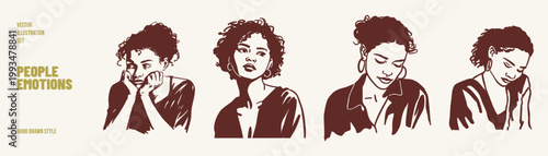 Pensive women different moods calm and reflective expressions. Illustrations for editorial content and identity concepts. Hand drawn sketch style with gentle flowing lines.