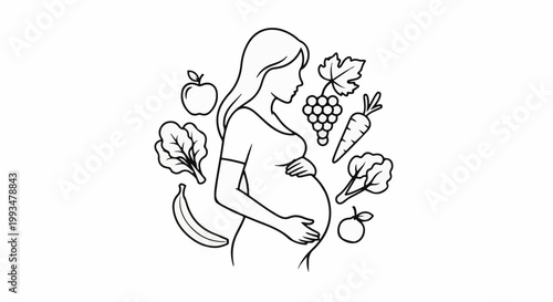 Pregnant woman surrounded by healthy fruits and vegetables