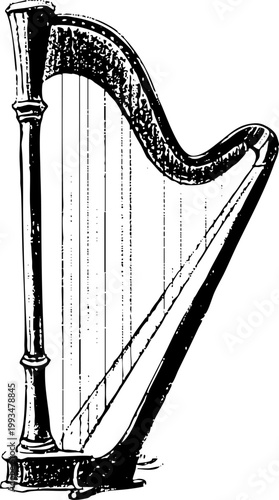 Vintage Hand Drawn Harp Musical Instrument Illustration