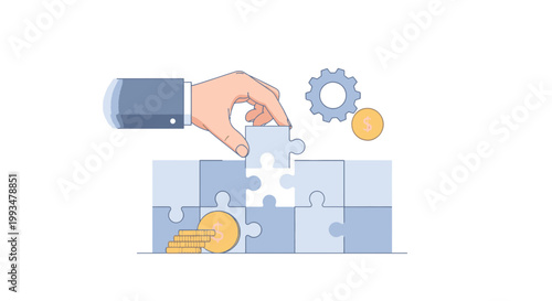 Business Hand Connecting Puzzle Pieces with Gear and Coins