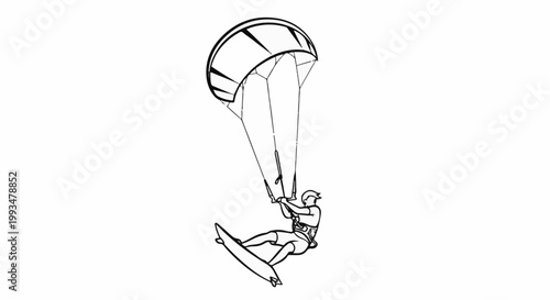 Line art of person kitesurfing with a large kite and board