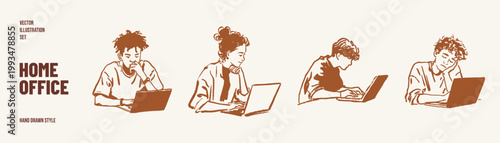 Home office people working on laptops daily tasks. Characters typing, thinking and focused at computers. Illustrations for remote work and education, pencil texture, hand drawn style.