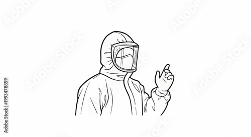 Person in protective suit with clear face shield points finger up