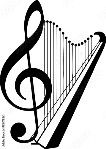 Musical harp and treble clef silhouette graphic